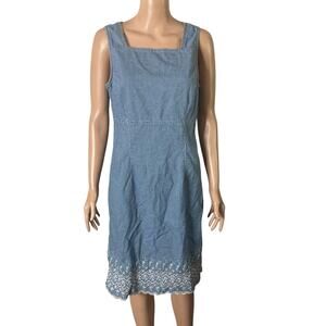 Liz Claiborne Lizwear Dress Blue 10 Check Embroidered White Floral Hem
